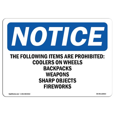 The Following Items Are Prohibited Coolers OSHA Notice Sign Metal Plastic Decal