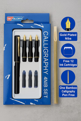 Bestes Kalligrafie Set - 4 vergoldete Federn + 15 Tintenpatronen + GRATIS Bambus Stift