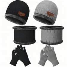Beanie Hat Scarf Gloves Set Winter Hat Knit Touch 2 Black and Light Grey