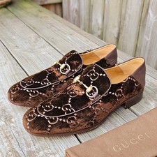 GUCCI Quentin Brown Velvet GG Loafers Size 9.5 D US Made In Italy $850 WORN 1X!