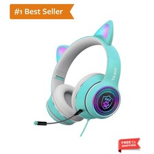 LED Cat Ear Gaming Headphones with Noise-Canceling Mic   Light Blue, Over-Ear