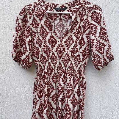 Dunnes Summer Midi Dress Womens 10 Brown Tribal Print Smocked Waist Lightweight
