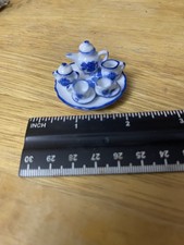 Vintage Porcelain MINI Tea Set Blue  White Doll House 9 pc. blue/white w/tray
