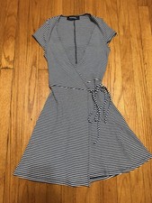 Reformation Striped Dainty Black White Mini Wrap Dress Size XS