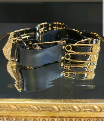 New VERSACE VERSUS Black Leather Gold Pin Embellished Belt