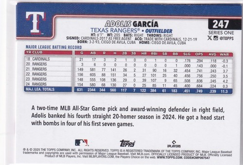 2025 Topps MLB Baseball Series 1 No. 247 Adolis Garcia Rangers - Bild 2 von 2