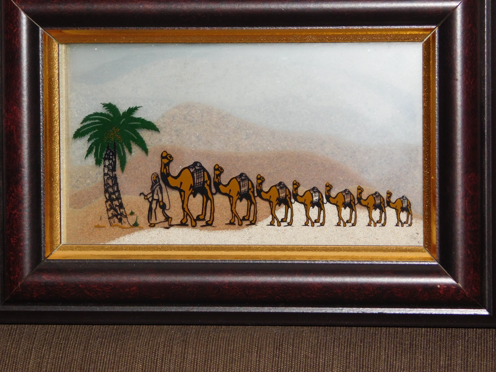 VINTAGE HANDMADE  7" X 5" U. A. E. SAND FROM 7 EMIRATES CAMELS FRAMED SOUVENIR