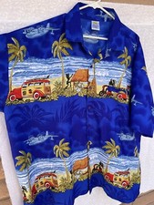 Rima Caribbean Hawaiian Camp Shirt Blue Woody Palm Trees Hut Plane Size 2XL