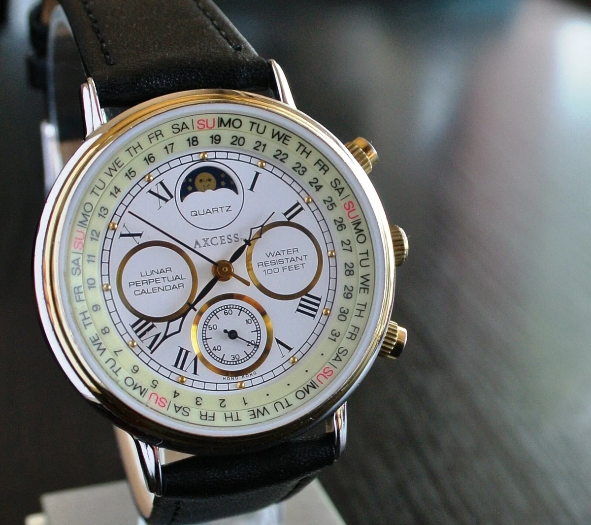 VINTAGE AXCESS SPORT CALENDAR MOON PHASE QUARTZ MEN'S 2T BLK LEATHER DRESS  WATCH | eBay