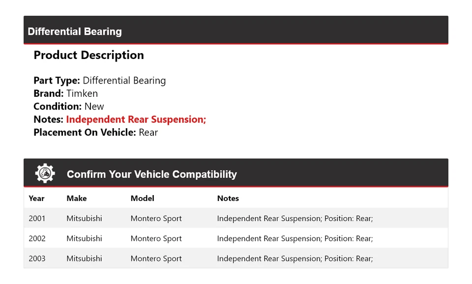 Cojinete diferencial trasero Timken 2002 para Mitsubishi Montero Sport 2001-2003 Foto 2 de 3