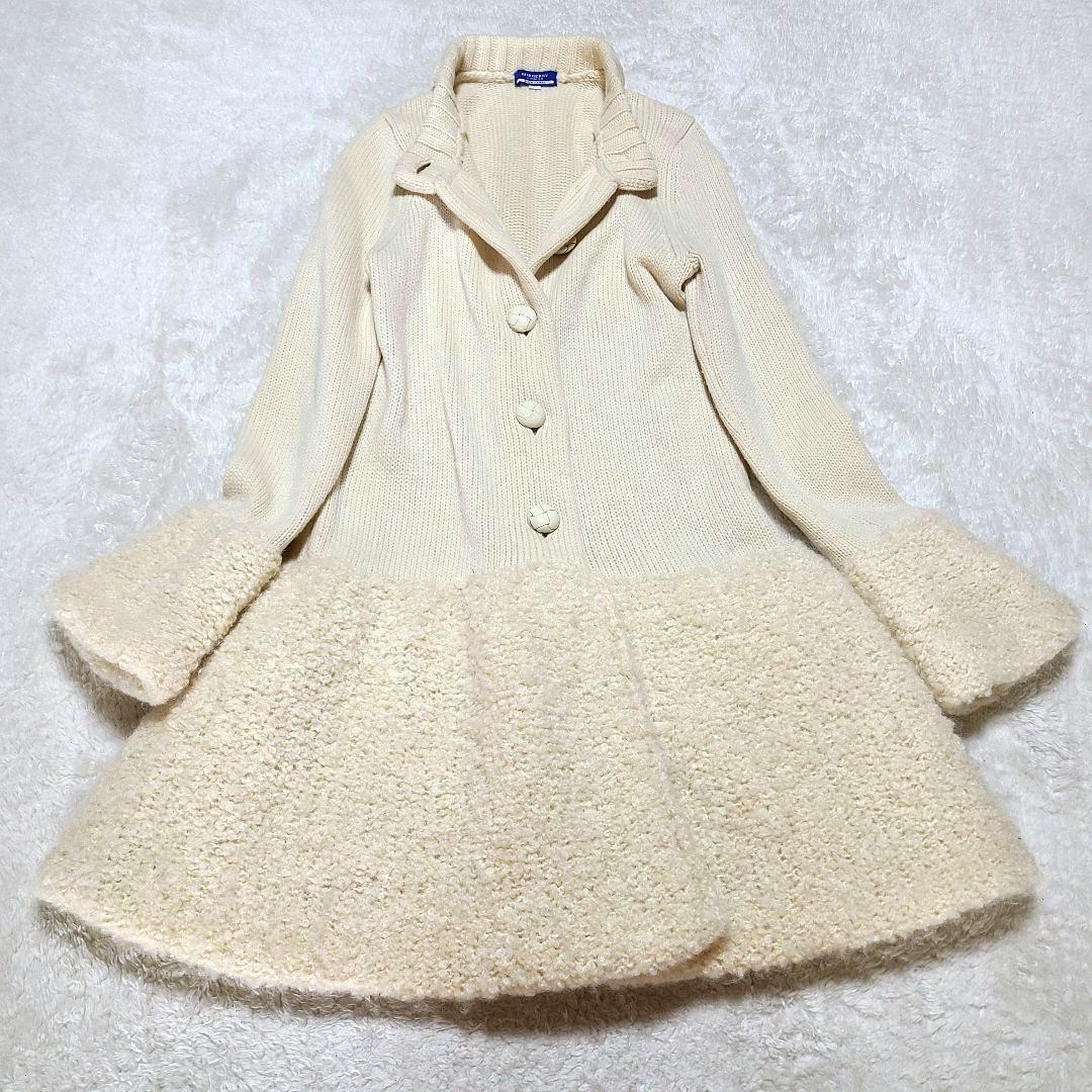Stylish BURBERRY BLUE LABEL Women's Knit Mohair Long Coat with Walnut Buttons #D2711A