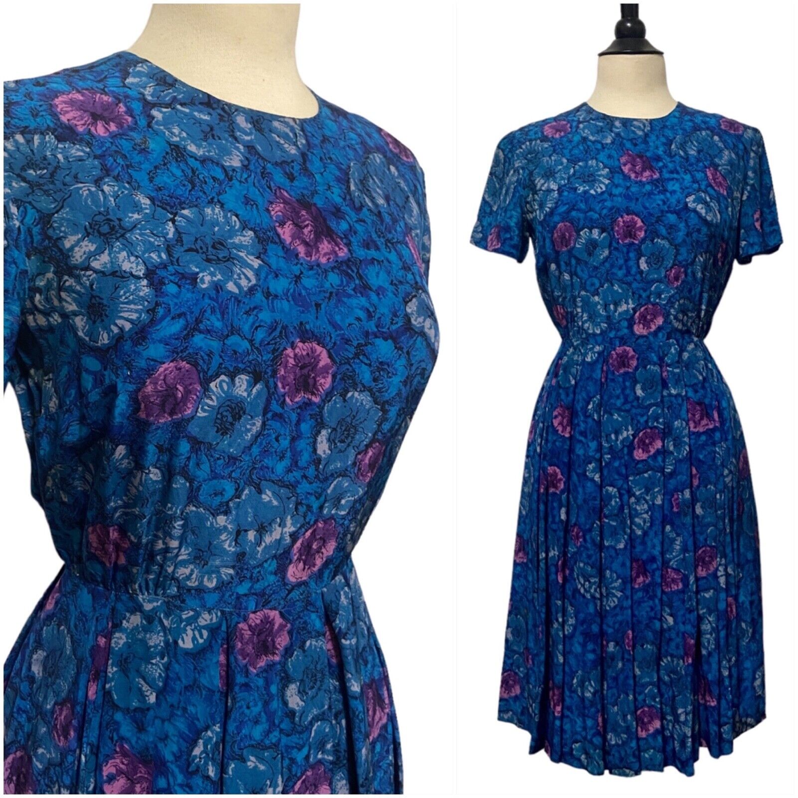 Vintage Dress Blue Purple Floral 1950s Fit & Flai… - image 1