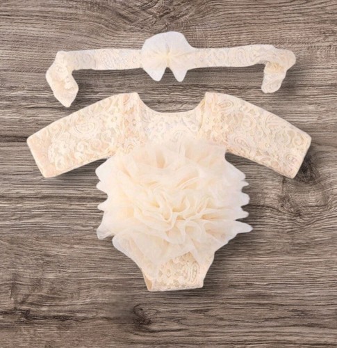 Baby Girl Lace Flower Bodysuit & Headband Dress Photography Prop Set 0-1 Month - Picture 12 of 35