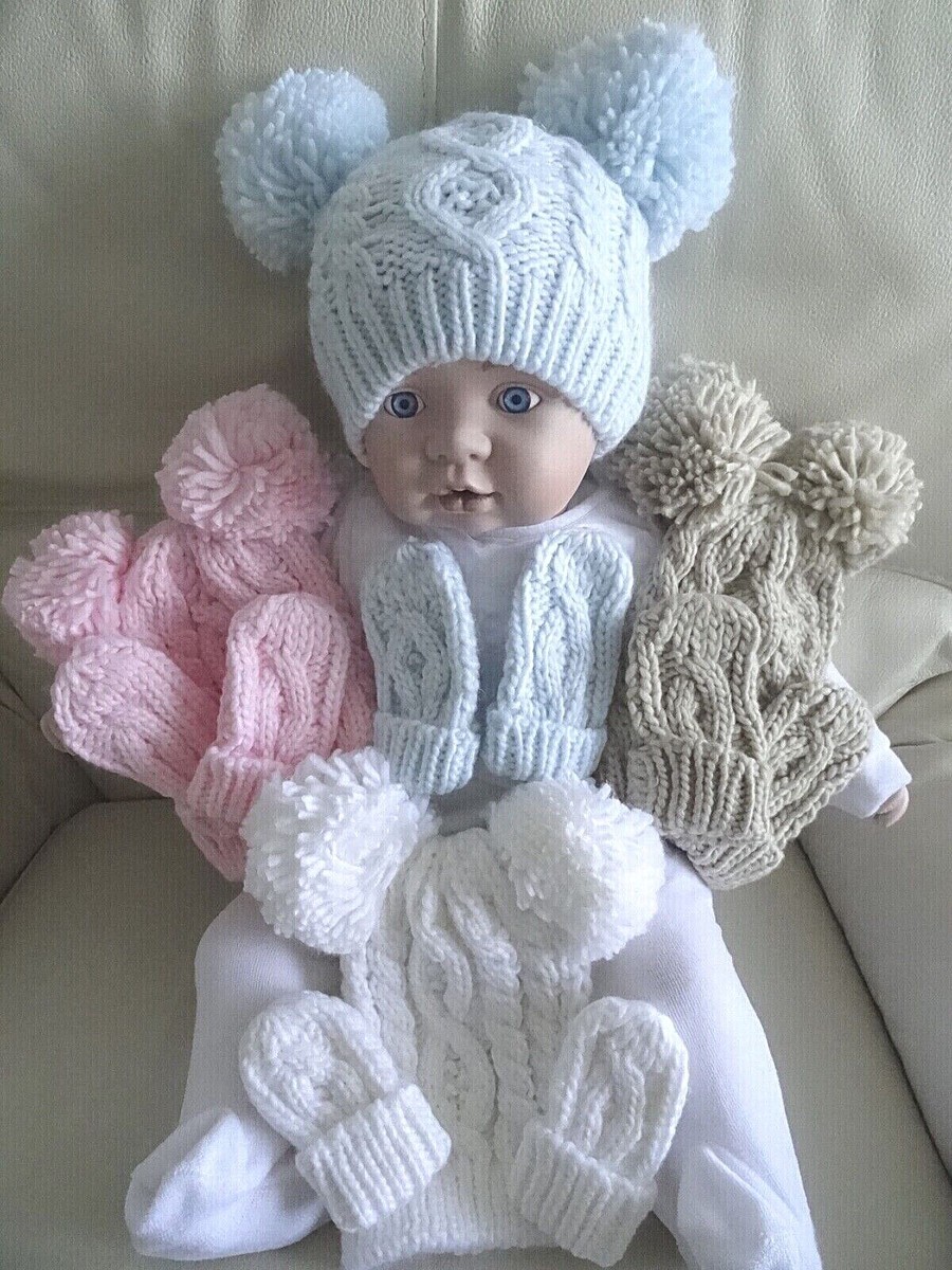 Baby Knitted Warm Hat Mitts Set Pink Blue Boy Girl Chunky Yarn