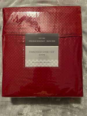 Red Embossed Queen Sheet Set Soft Bed 4 pc  Wrinkle Resist Bedroom Sleep NEW!