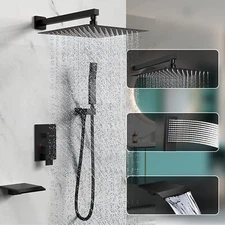 Black 12" Rainfall Head Combo Shower Faucet Set Kit Wall Mixer Valve w/Tub Spout