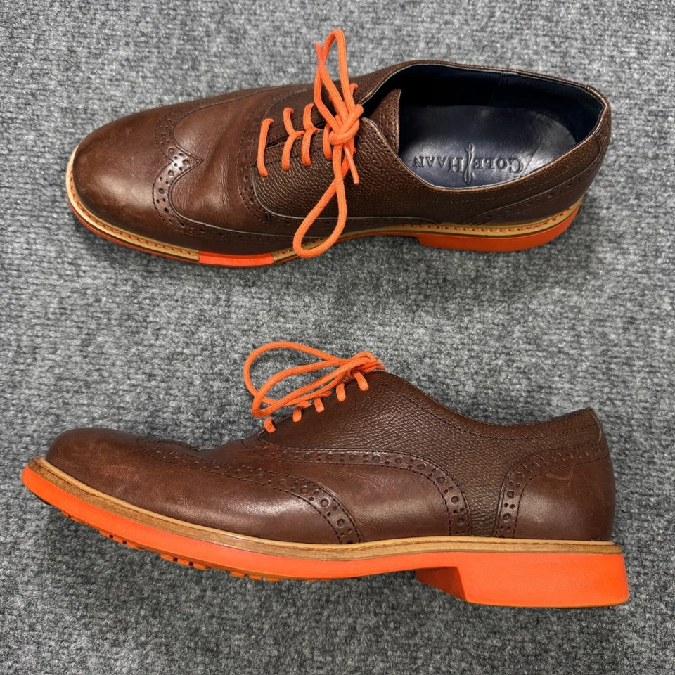 Cole Haan Shoes Mens 8 Brown Leather Wingtip Lace Up Oxfords Orange Sole