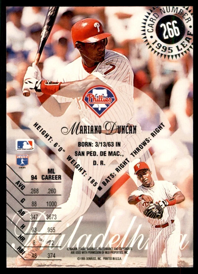 1995 Leaf Mariano Duncan Baseball Cards #266 - Image 2 of 2