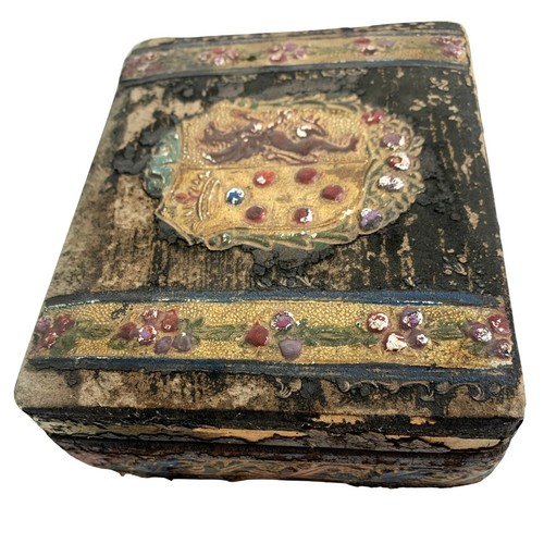 Antique Handcrafted Italian Leather Wood Trinket Box Floral Heraldic Crest - Picture 11 of 15