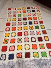 Vintage Granny Squares White Afghan Throw Blanket 3d Crochet Flowers Handmade