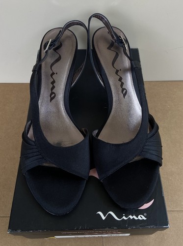 Nina Halena LS Black Luster Satin Heels, Box, & Shoe Bag- Size 8.5 Women’s