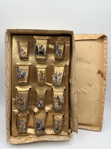 Vintage Mounted Soldiers 12 Glass Shot Liquor Glasses :  Viking Knights + w/ Box