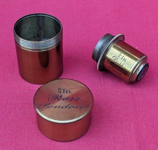 ANTIQUE BRASS MICROSCOPE LENS WITH CAN. ROSS LONDON 2/3RD INCH. No 20028