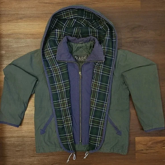 Chaqueta con Capucha Verde Kaos by Andy Johns Vintage Años 80/90 Interior a Cuadros Talla S Foto 2 de 4