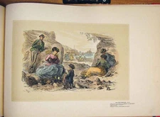 Old Antique Print Sea Side Scene Mother Children Family Hand Colored Art