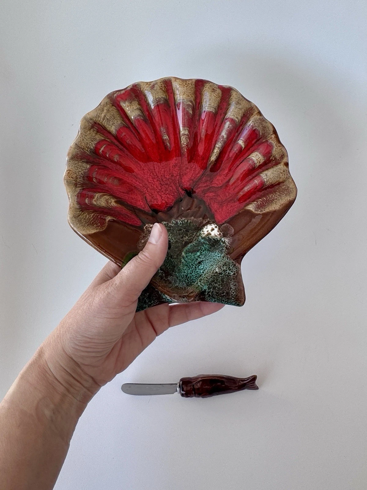 Vintage Vallauris Shell Butter Dish & Fish Butter Knife