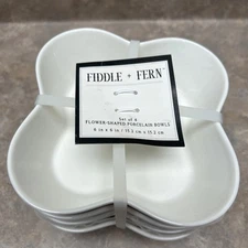 FIDDLE & FERN SET OF 4 FLOWER-SHAPED WHITE PORCELAIN BOWLS (6X6)
