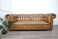 Vintage 1950s Tan Leather 3 Seater Chesterfield Sofa