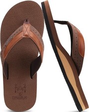 KuaiLu Flip Flops Mens Leather Arch Support Flat Summer Wide Fit Beach Sandals N