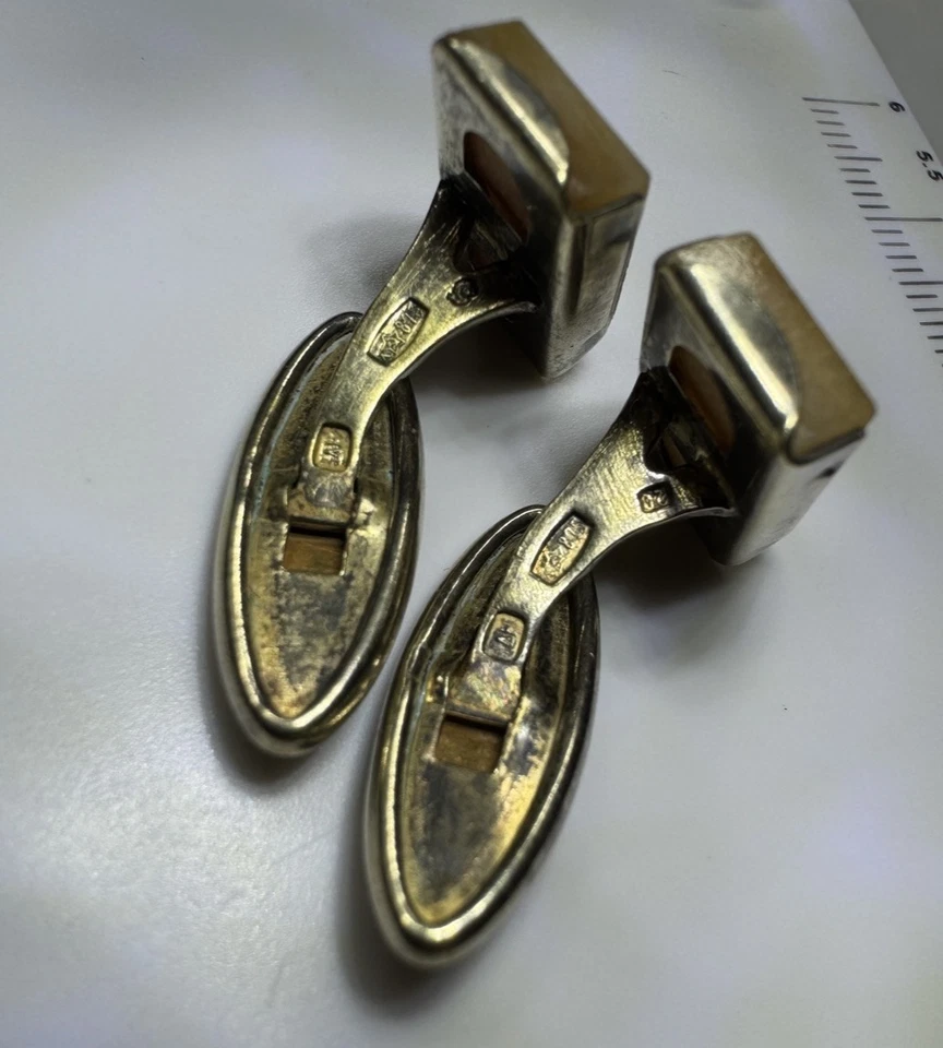 Gemelos soviéticos vintage de plata de ley 875 con piedra de ágata amarilla URSS 7,46 g. Foto 2 de 4