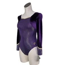 GK Elite VTG Pixelated Royalty LS Velvet Sleeves Leotard Purple Gold AL Adult L