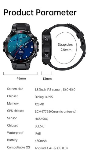 Montre connectée SPORT GPS militaire K37 pour homme, écran HD 360x360, IP68 FR - Photo 7/10