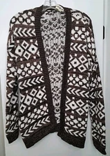 Olive and Oak Open Front Cardigan Sweater Brown and White Geometric Size Small