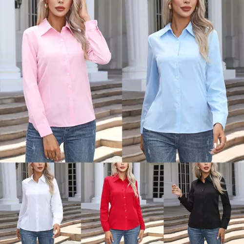 Damen Button Down Shirt Top Bluse Langarm Kragen Einfarbig Büro Arbeit Kleid - Bild 5 von 29