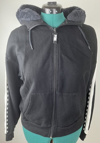 Victoria Secret PINK Pull Over Soft Black Hoodie Fuzzy White Arm Stripe - Picture 2 of 11