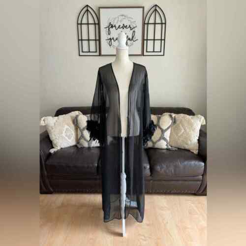Vintage 90’s Fredrick’s Of Hollywood Black Maxi Length Robe With Feathers Size L