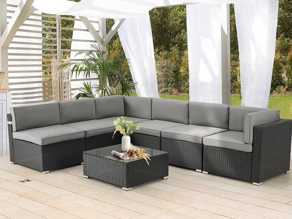 7-Pieces Patio Furniture Set Outdoor Sectional Sofa Rattan Wicker Sofa W/ Table - Image 3 of 4