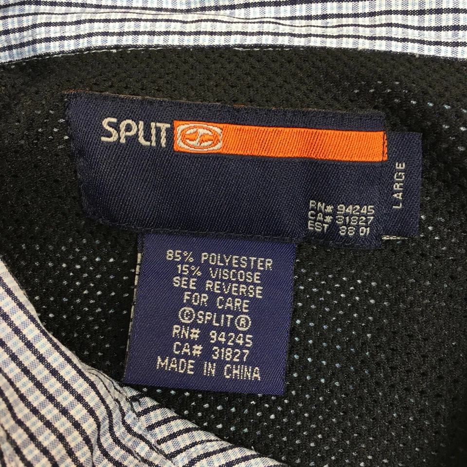 Split Mens Size L Vented Sport Shirt Short Sleeves Blue Checked Zipper Pockets  - Image 4 of 4