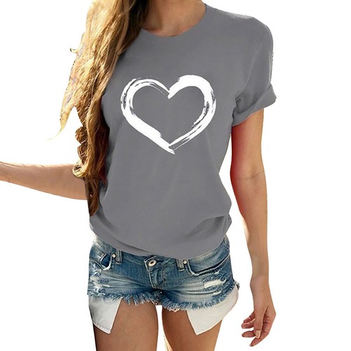Women Short Sleeves O Neck Tops Ladies Heart Shaped Print Casual Blouse T Shirts - Picture 31 of 63