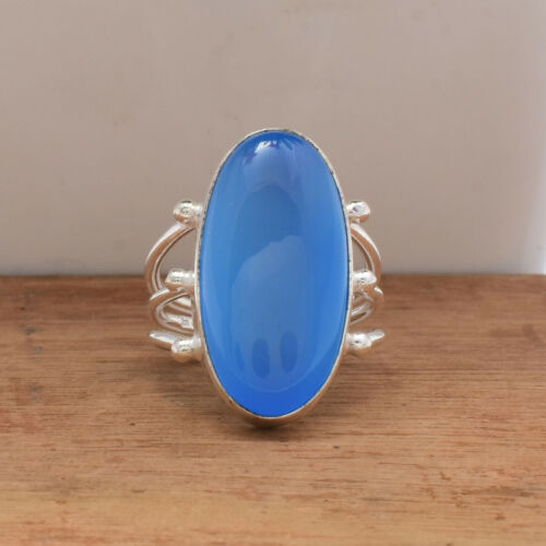 Blu Calcedonio Gemma 925 Argento Sterling Natale Anello Tutte le Misure - Foto 2 di 3