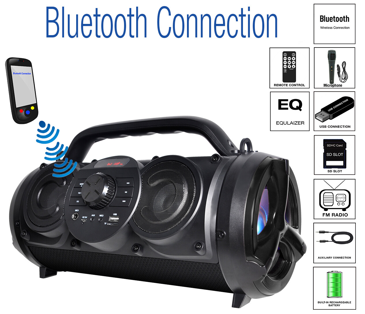 Boytone BT-18BK Portable Bluetooth Boombox Speaker, Indoor/Outdoor 2.1 Hi-Fi 
