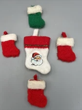 VTG Lot 4 Christmas Stockings Mini Plush Santa Green Red Ring Holder Tree Decor