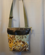 New Travel Sling Crossbody Brown Bronze faux leather  Mint Yellow Floral fabric