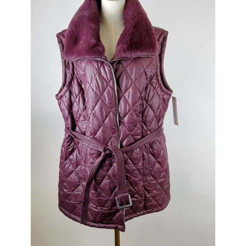 Calvin Klein Puffer Vest Womens 2X Burgundy Faux-Fur-Trimmed Quilted Belted NWT - Picture 2 of 8