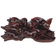 Ashtray Pigs Family Brown Wood Sculpture Thai Hand Carved Folk Art Vintage Decor