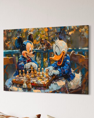 Micky Maus Leinwandbild Mouse Donald Duck Bild Farbig Cartoon Pop Art Schach
